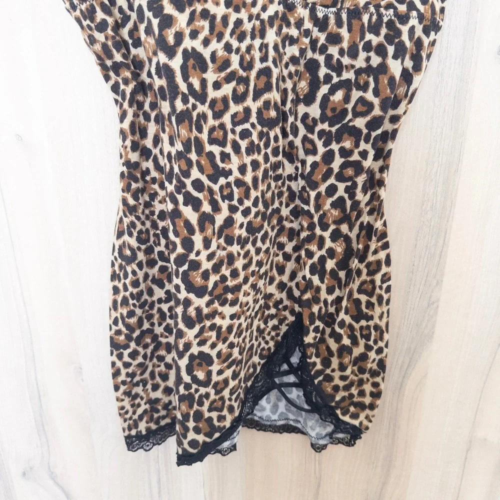 Womens Leopard Lace Trim Cami Top XL Brown Strappy Stretch Y2K Mob Wife Coquette